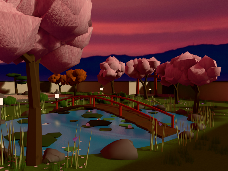 Koi pond with an arched wooden bridge and blossoming sakura trees