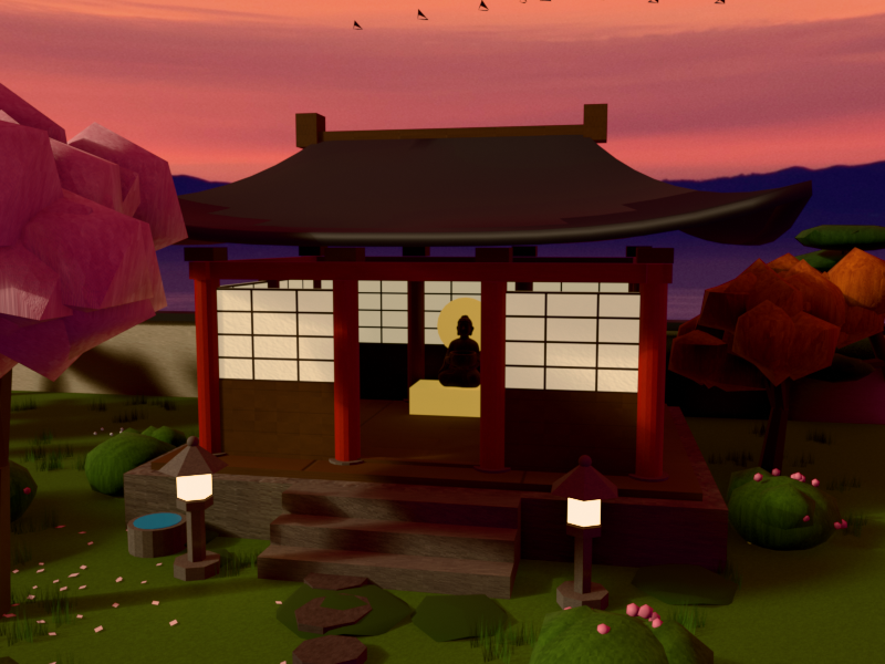 Temple with glowing shoji walls and lanterns at dusk